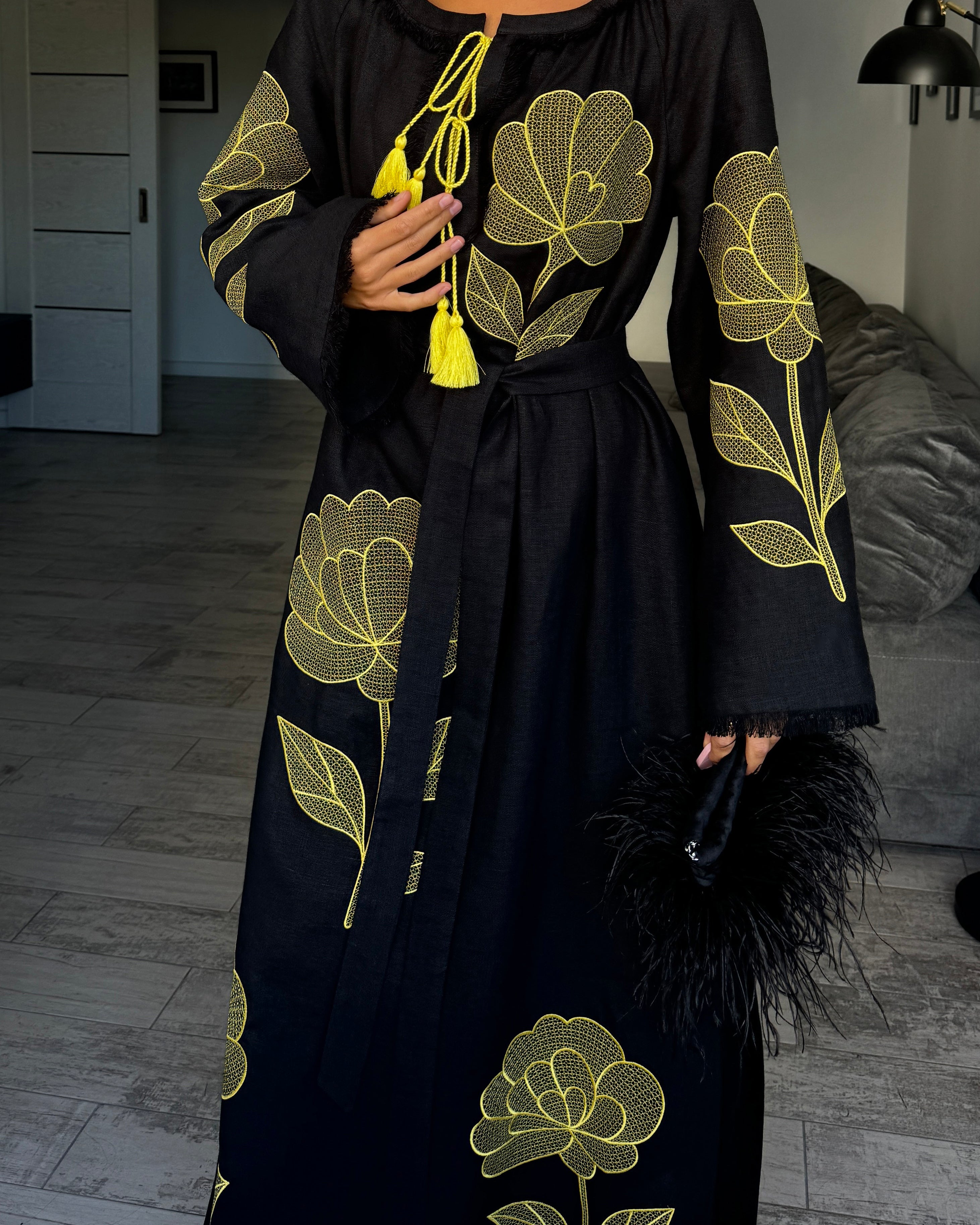 Black Embroidered Linen Maxi Dress | ZALXNDRA