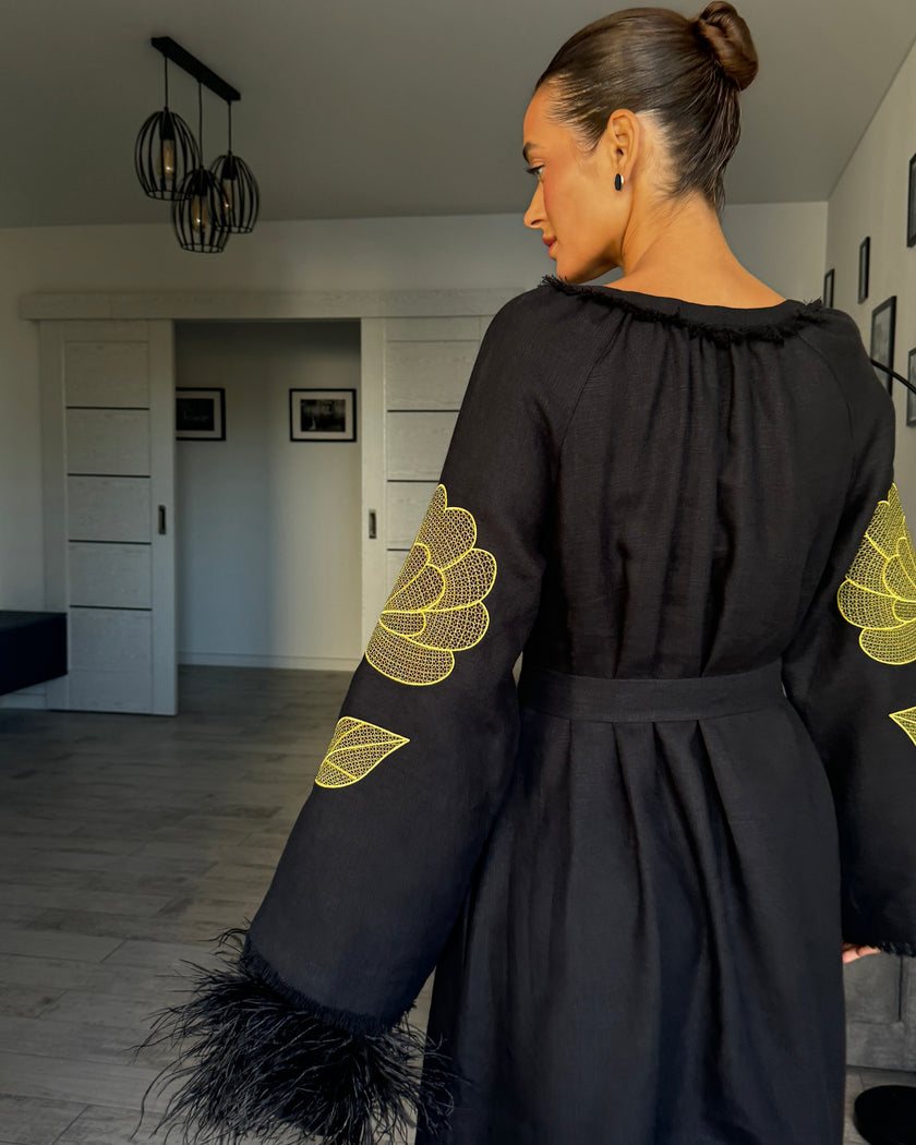 Black Embroidered Linen Maxi Dress | ZALXNDRA