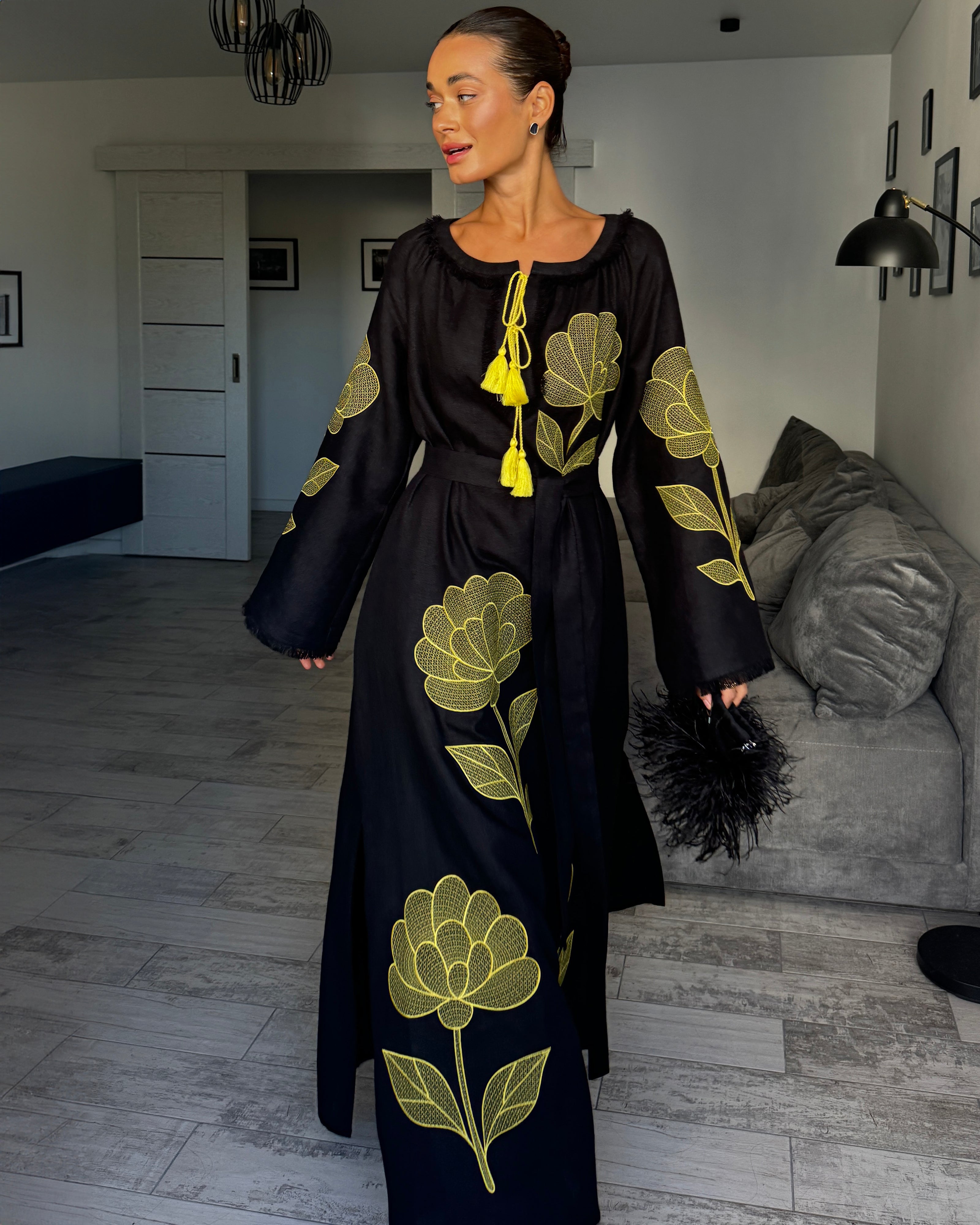 Black Embroidered Linen Maxi Dress | ZALXNDRA