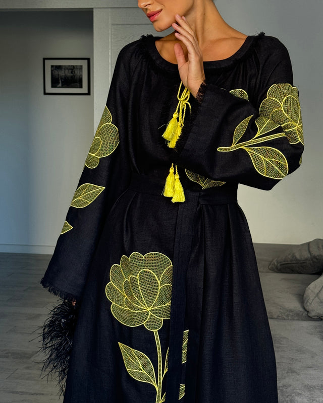 Black and Gold Outlined Floral Embroidered Linen Kaftan Maxi Dress with Angel Sleeves