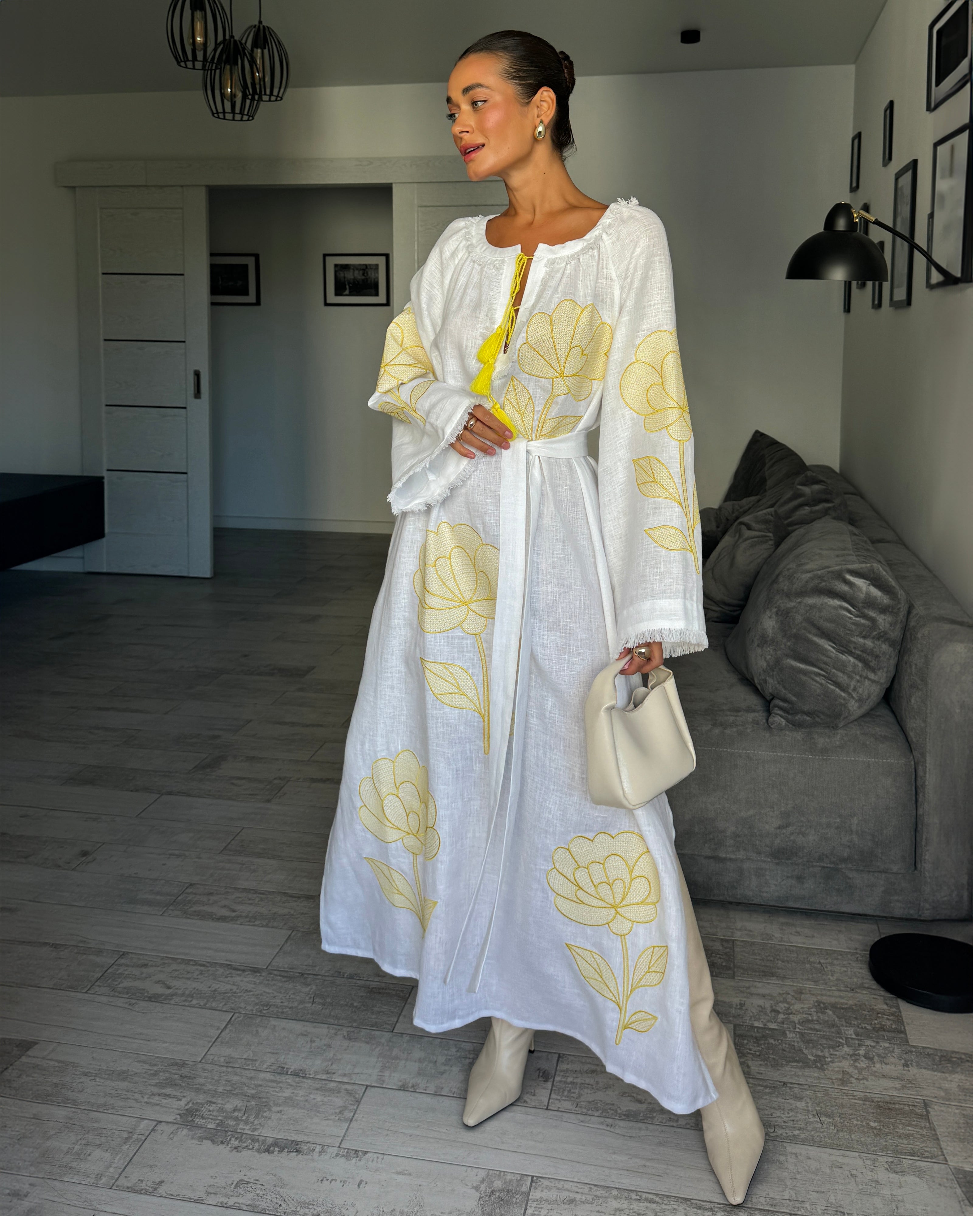 White Embroidered Linen Maxi Dress | ZALXNDRA