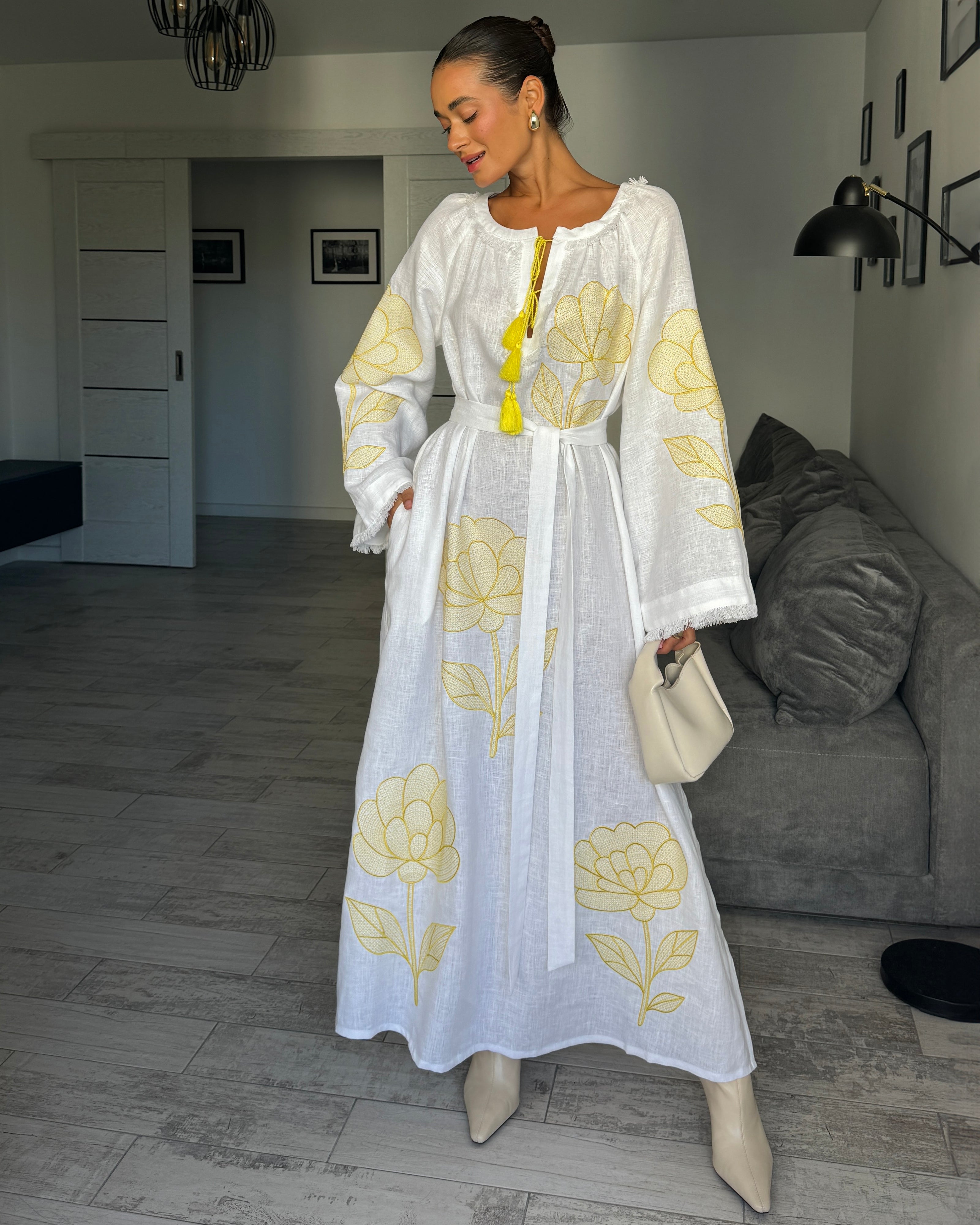 White Embroidered Linen Maxi Dress | ZALXNDRA