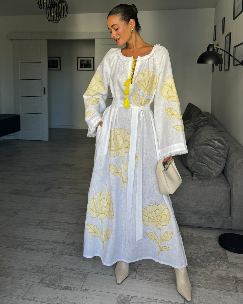 White Embroidered Linen Maxi Dress | ZALXNDRA