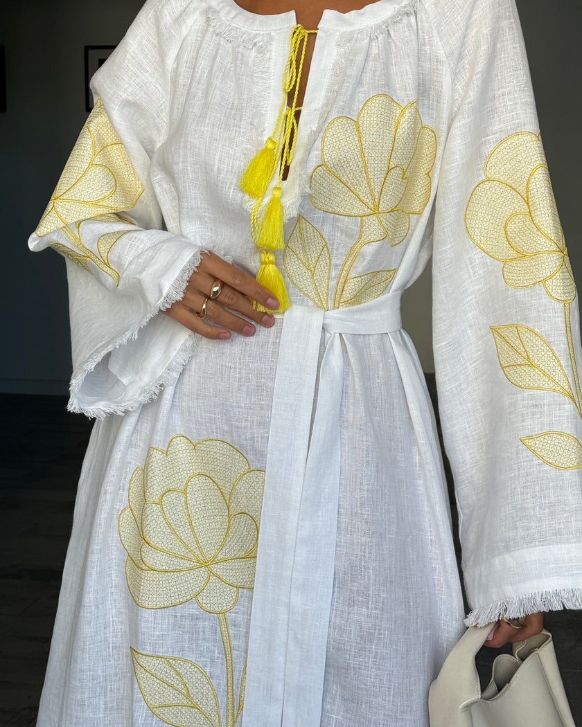 White Embroidered Linen Maxi Dress | ZALXNDRA