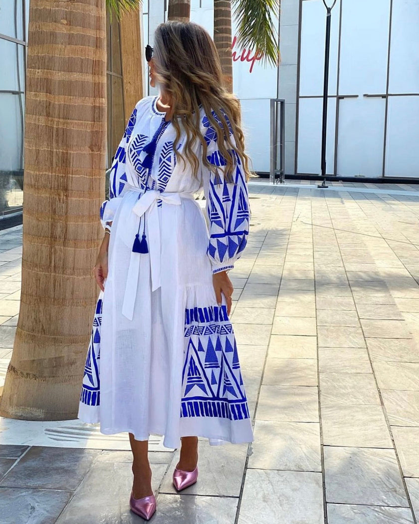 White Embroidered Linen Maxi Dress – Balloon Sleeves | ZALXNDRA
