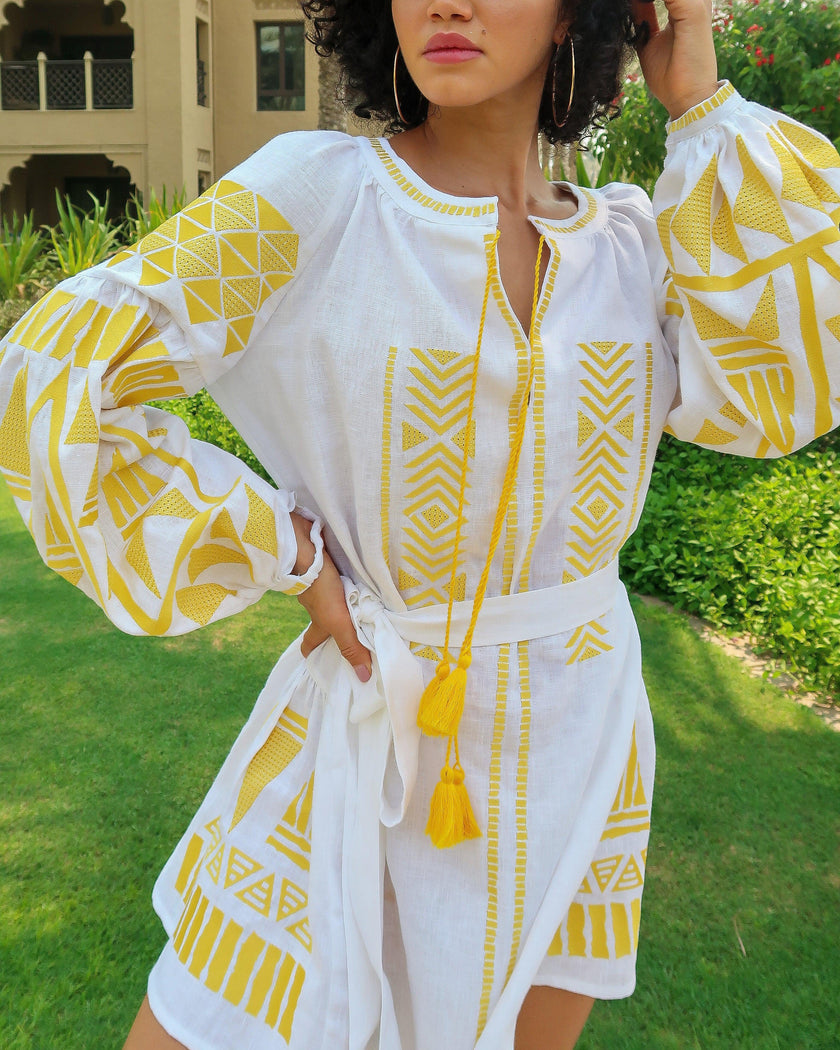 White Embroidered Linen Mini Dress – Balloon Sleeves | ZALXNDRA