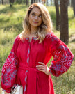 Scarlet Red Embroidered Linen Maxi Dress – Balloon Sleeves