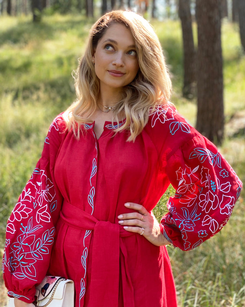 Scarlet Red Blue White Floral Embroidered Linen Kaftan Maxi Dress