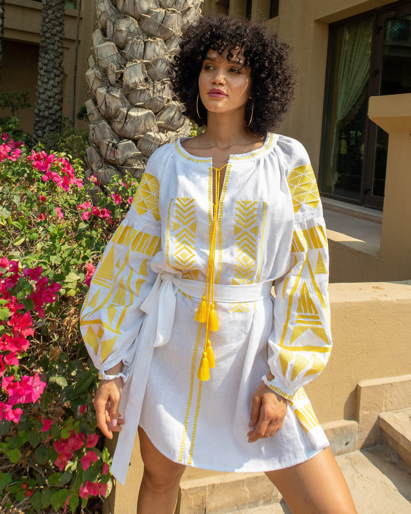 White Embroidered Linen Mini Dress – Balloon Sleeves | ZALXNDRA