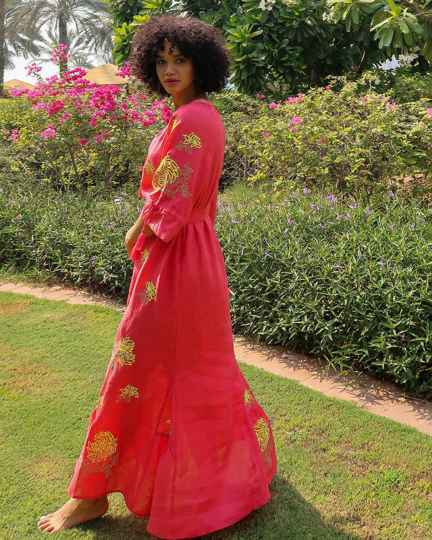 Coral Embroidered Linen Maxi Dress | ZALXNDRA