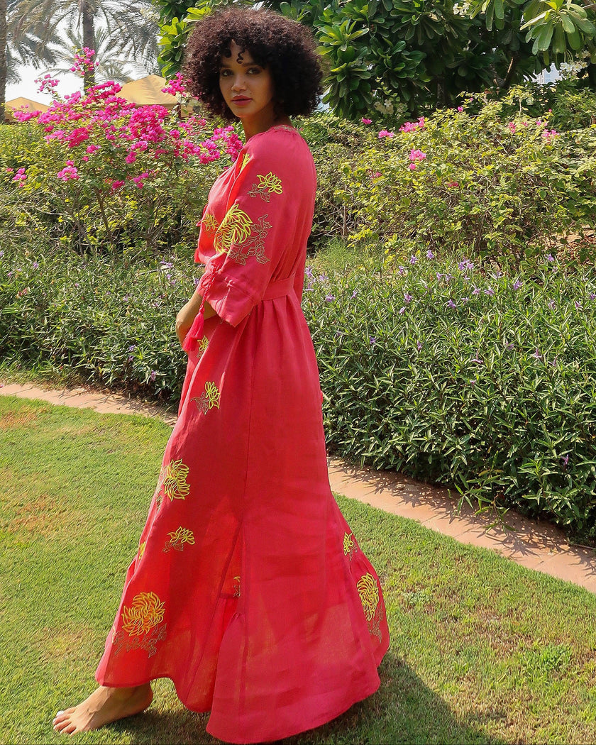 Coral Yellow Floral Embroidered Linen Kaftan Maxi Dress