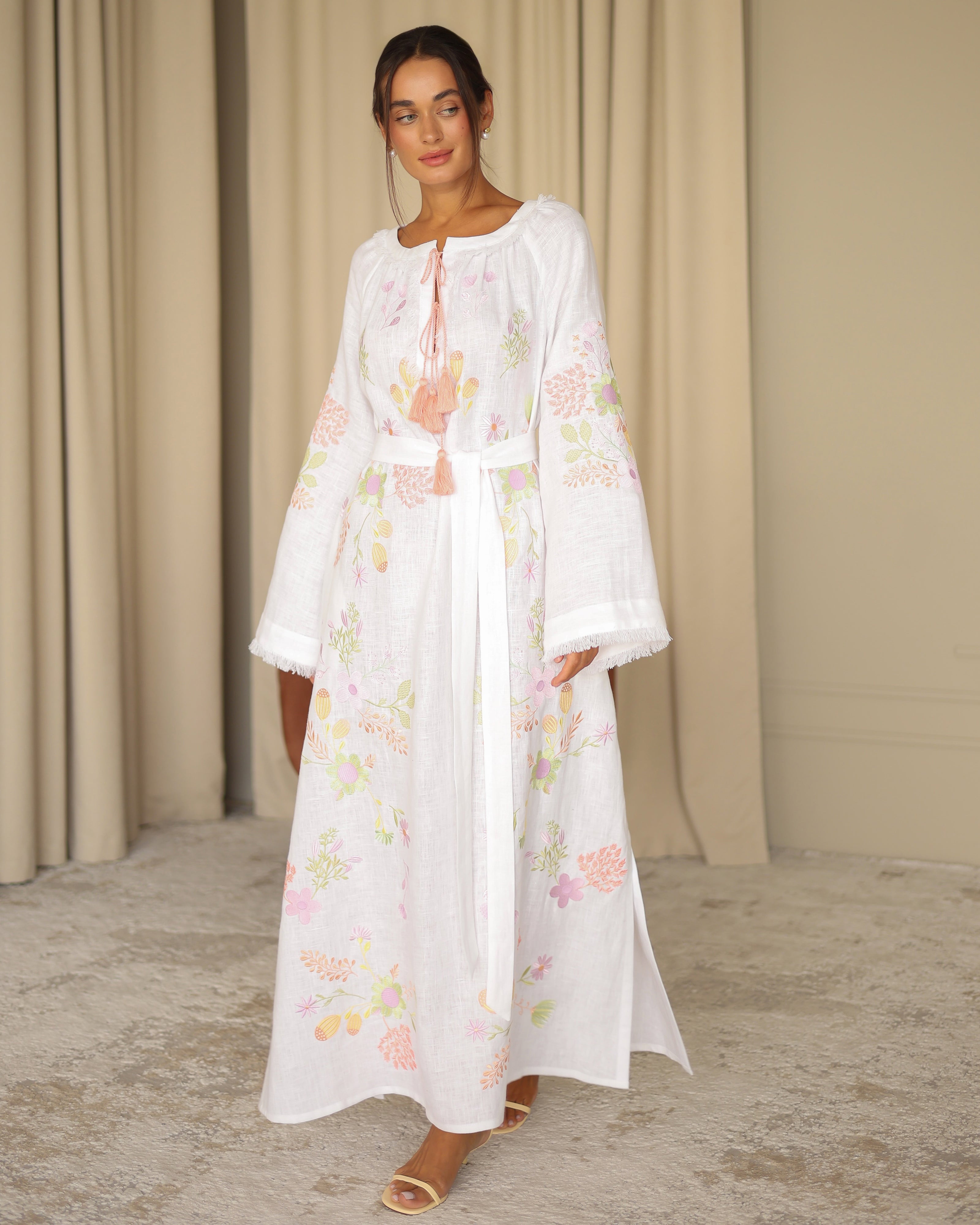 White Embroidered Linen Maxi Dress | ZALXNDRA