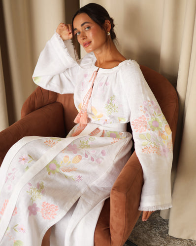 White Embroidered Linen Maxi Dress | ZALXNDRA