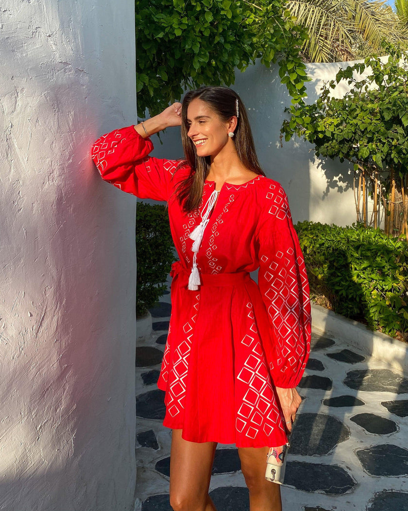 Scarlet Red Embroidered Linen Mini Dress – Balloon Sleeves