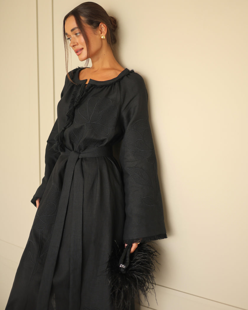 Black Embroidered Linen Maxi Dress | ZALXNDRA