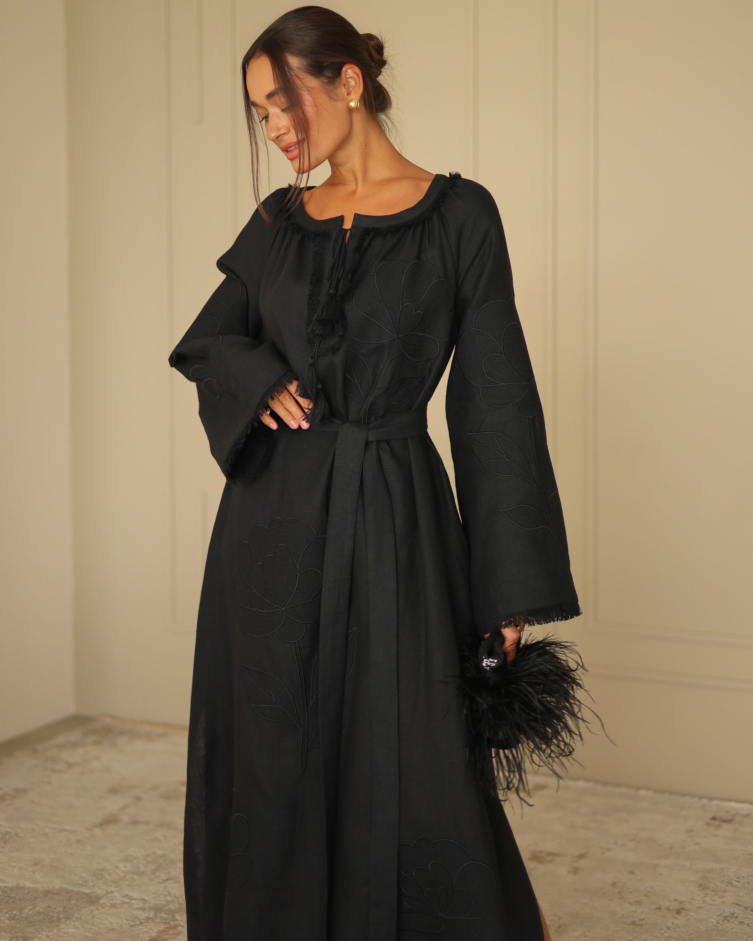 Black Embroidered Linen Maxi Dress | ZALXNDRA