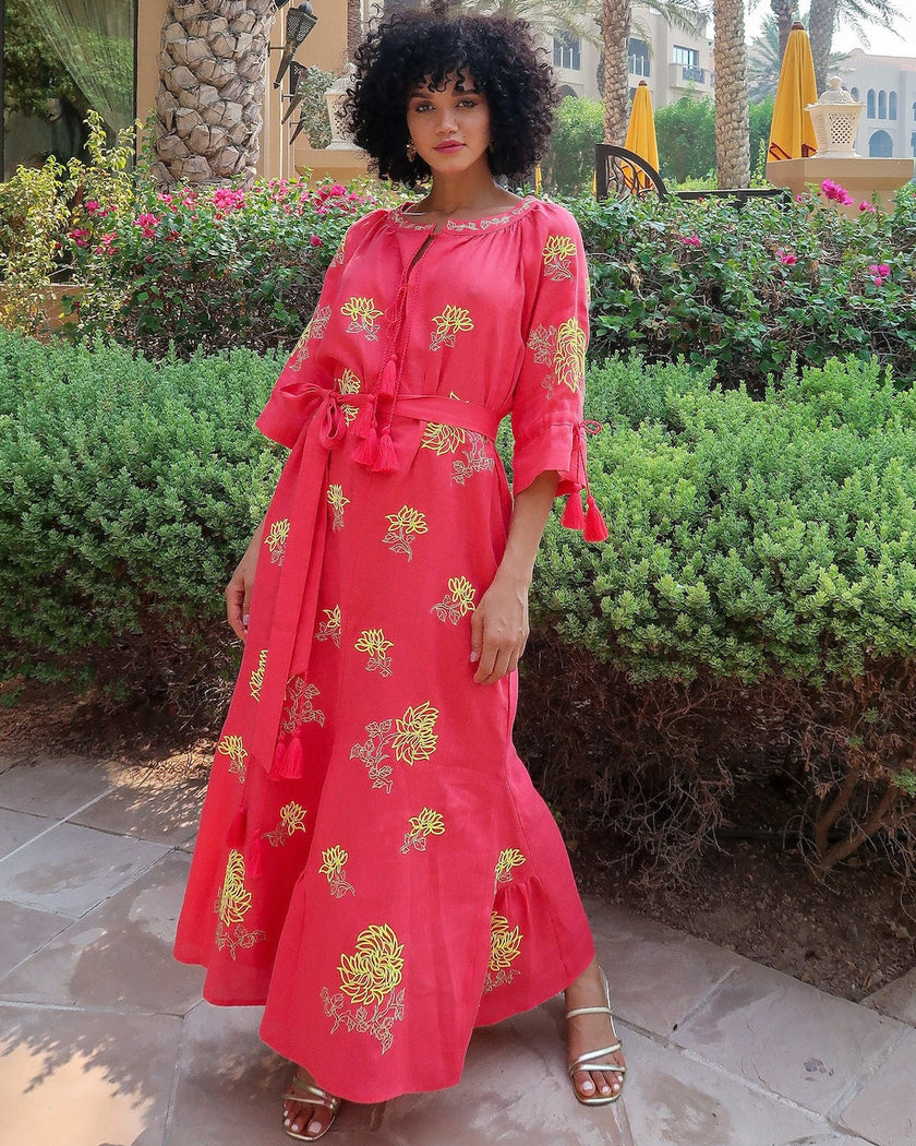 Coral Yellow Floral Embroidered Linen Kaftan Maxi Dress