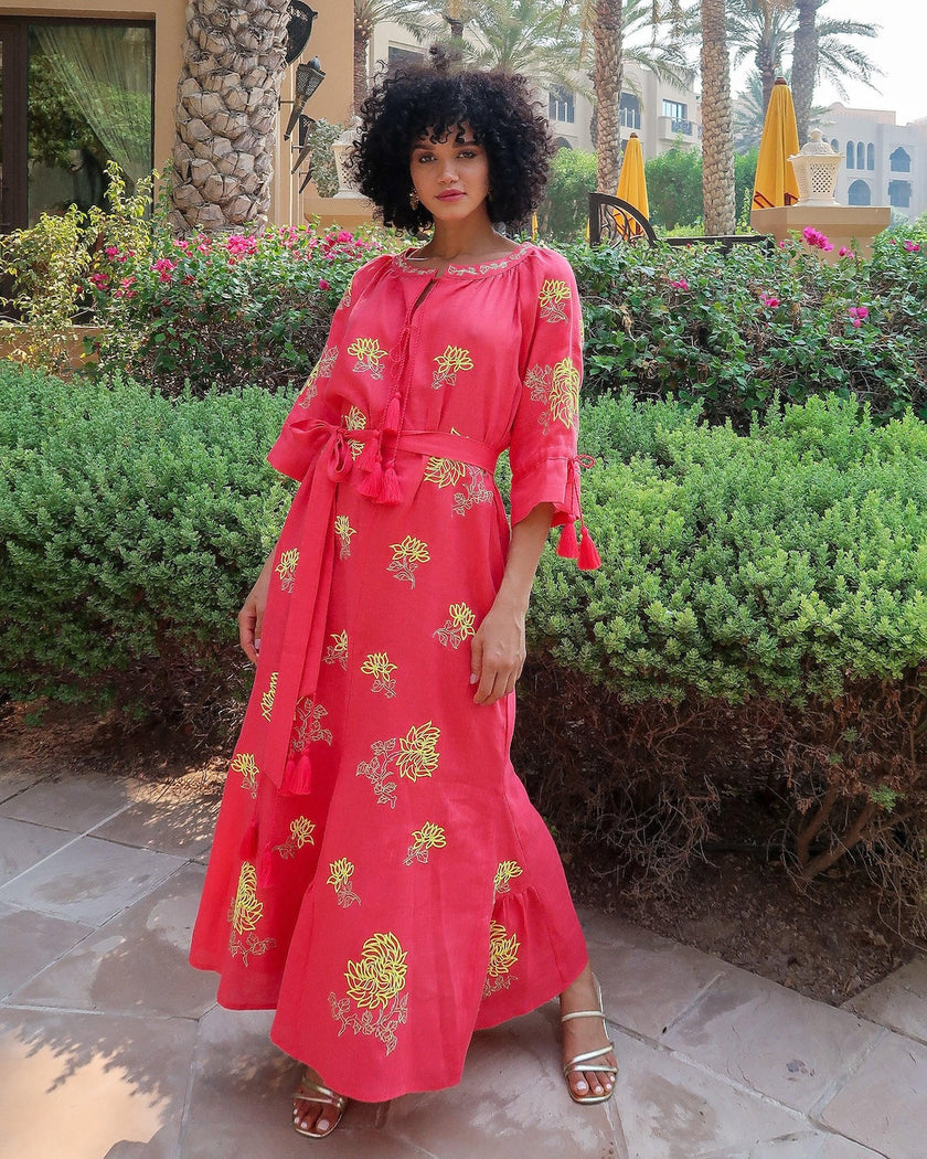 Coral Embroidered Linen Maxi Dress | ZALXNDRA