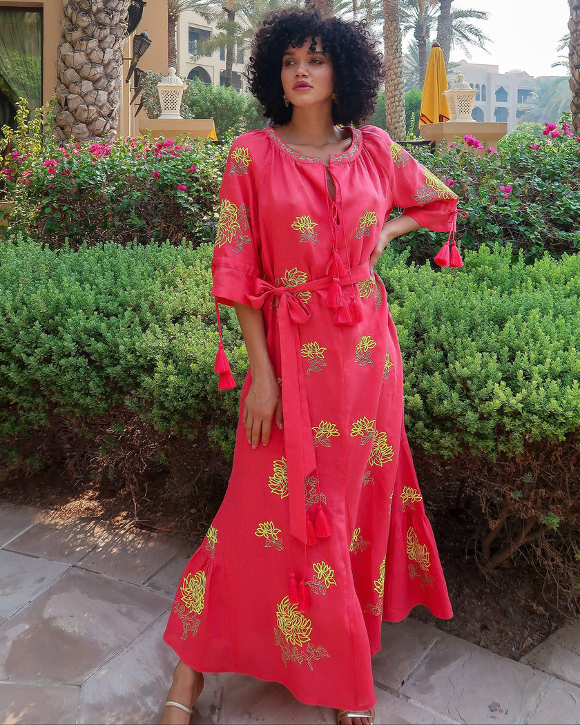 Coral Yellow Floral Embroidered Linen Kaftan Maxi Dress