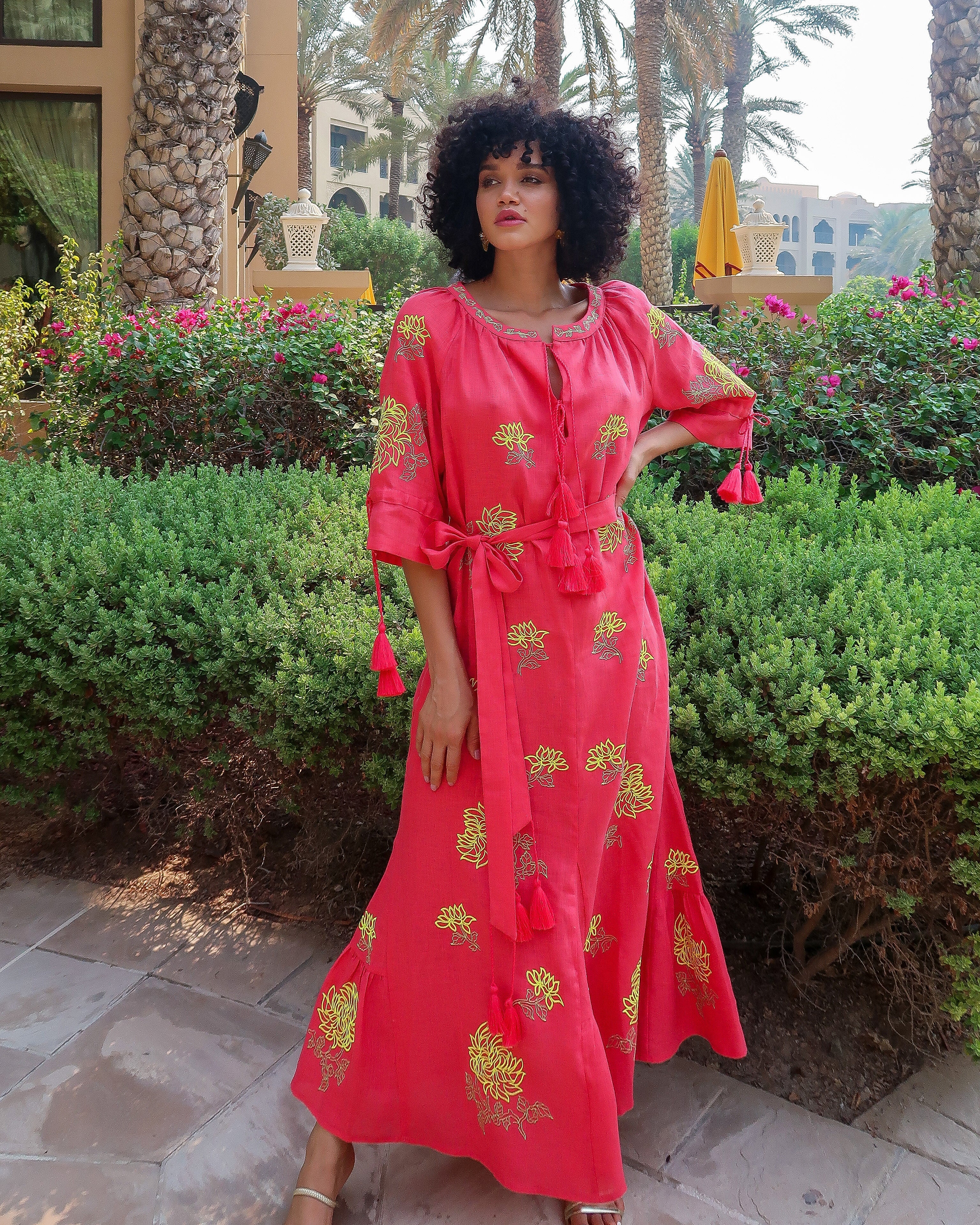Coral Embroidered Linen Maxi Dress | ZALXNDRA