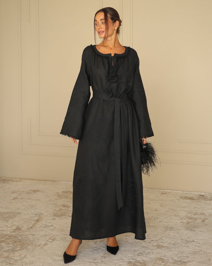 Black Embroidered Linen Maxi Dress | ZALXNDRA