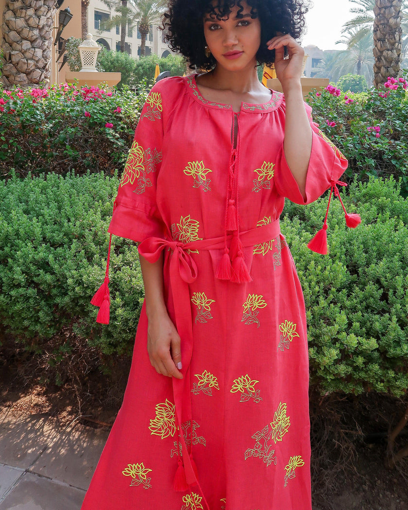 Coral Yellow Floral Embroidered Linen Kaftan Maxi Dress