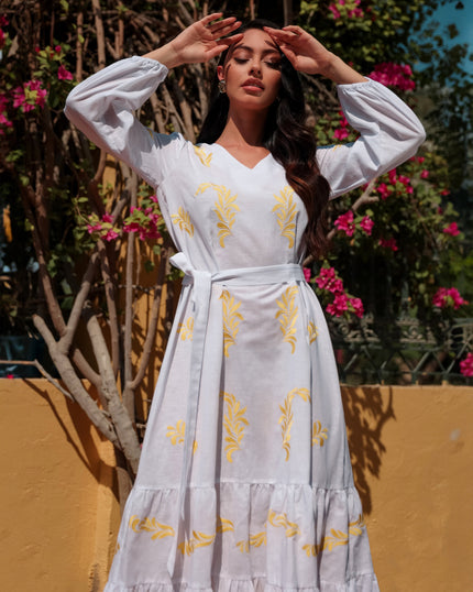 White Embroidered Linen Maxi Dress – Balloon Sleeves || ZALXNDRA