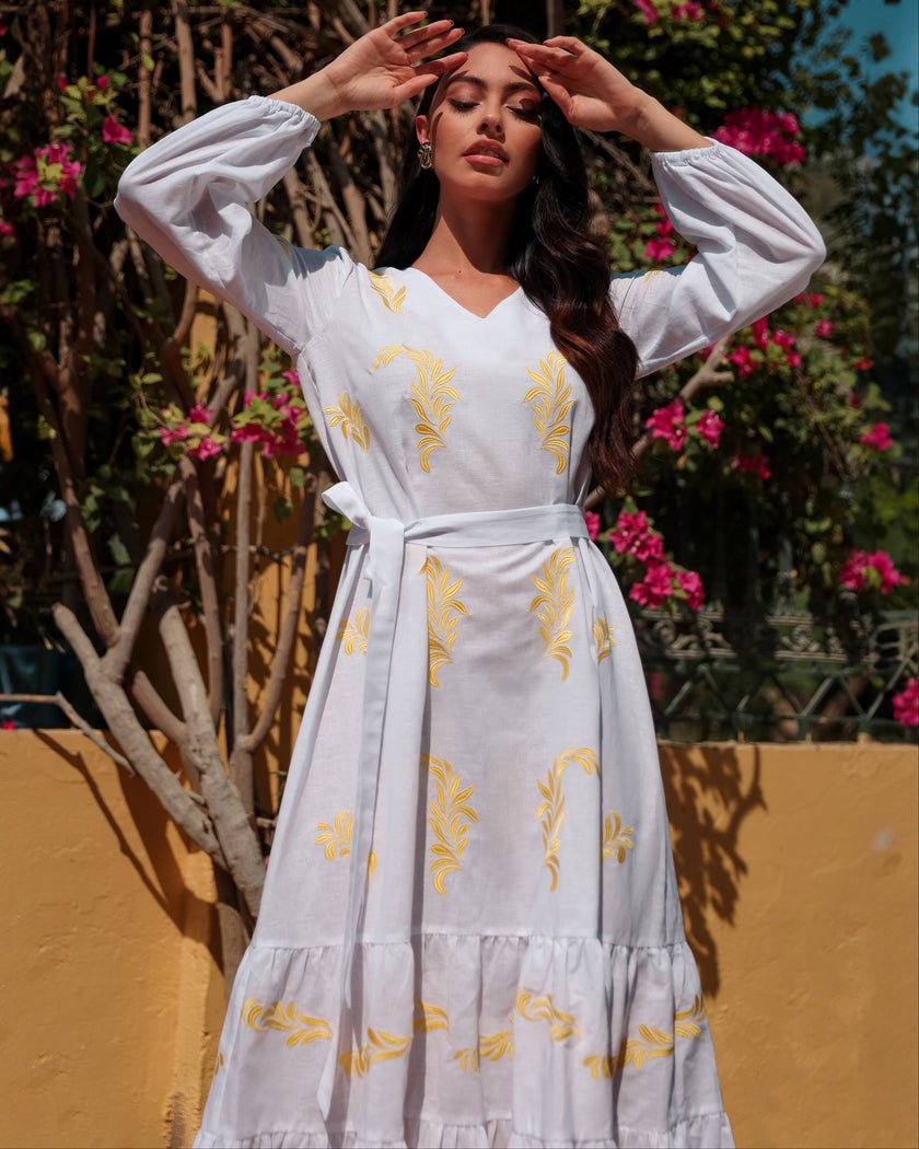 White Yellow Embroidered Linen Kaftan Maxi Dress