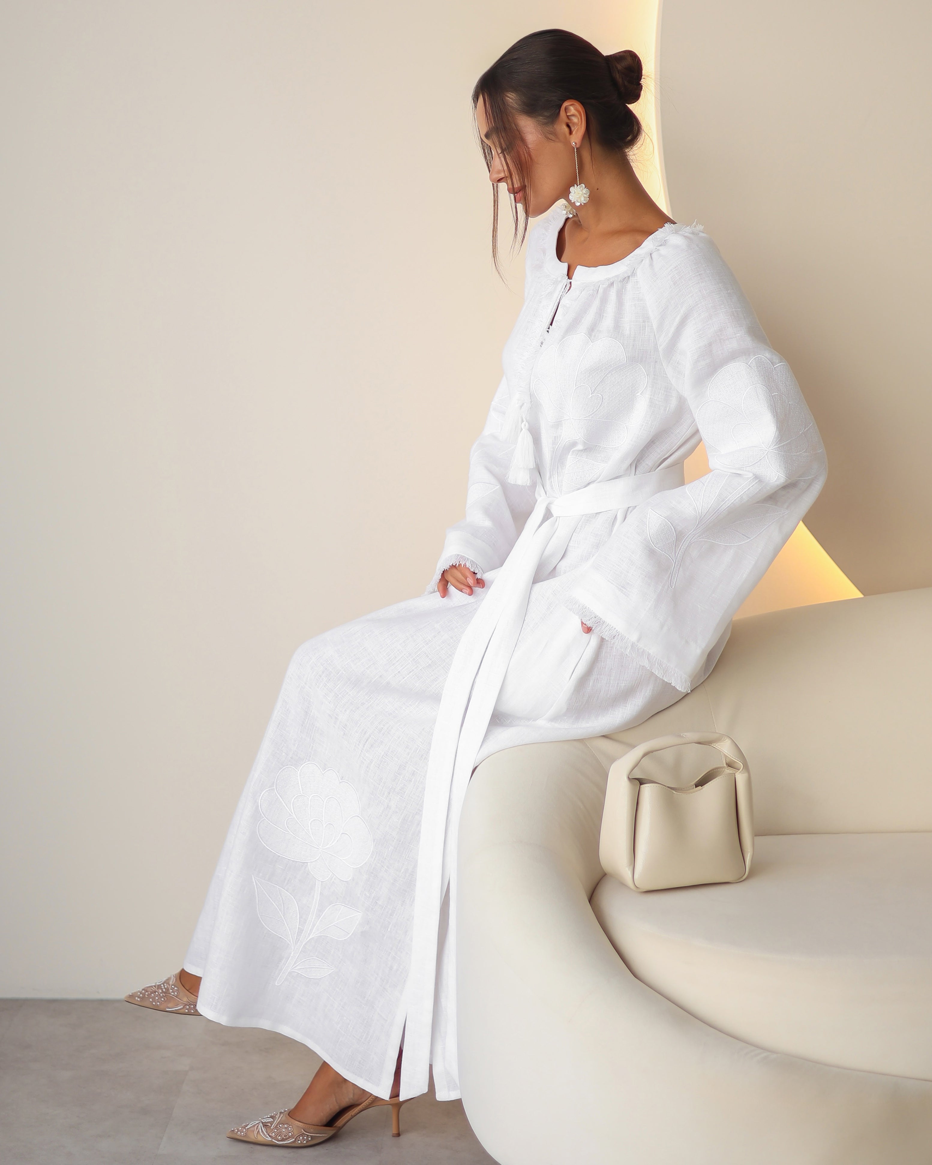 White Embroidered Linen Maxi Dress | ZALXNDRA