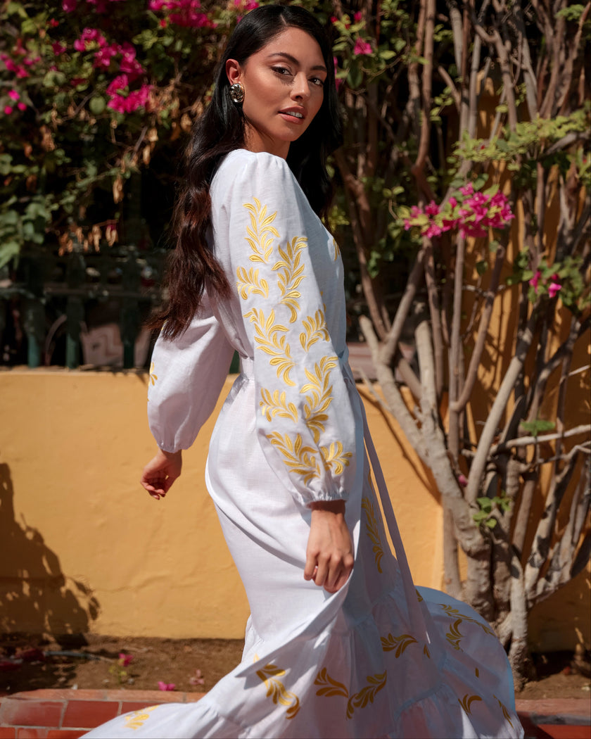 White Yellow Embroidered Linen Kaftan Maxi Dress