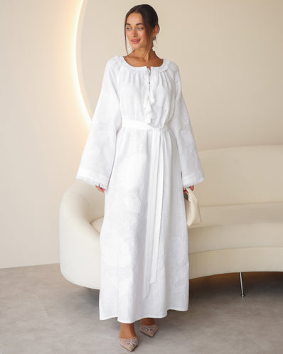 White Embroidered Linen Maxi Dress | ZALXNDRA
