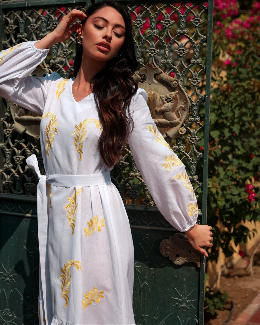 White Yellow Embroidered Linen Kaftan Maxi Dress
