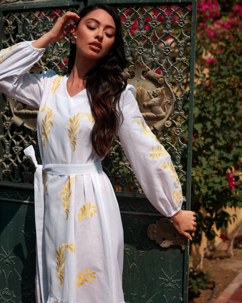 White Embroidered Linen Maxi Dress | ZALXNDRA