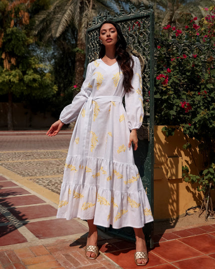 White Embroidered Linen Maxi Dress – Balloon Sleeves || ZALXNDRA