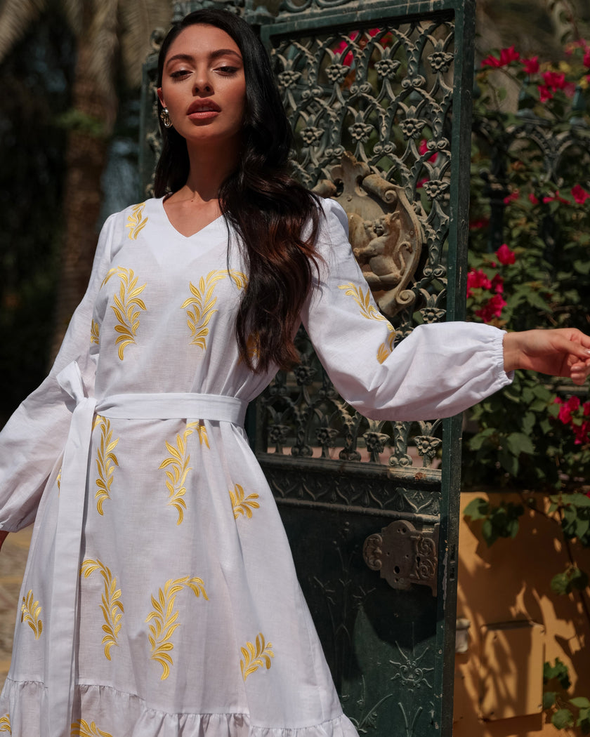 White Embroidered Linen Maxi Dress | ZALXNDRA