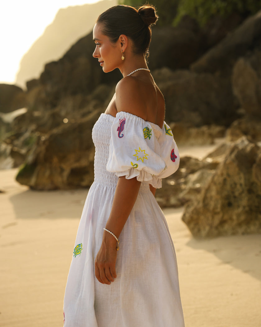 White Multi-Color Sea Life Embroidered Linen Off-Shoulder Midi Dress
