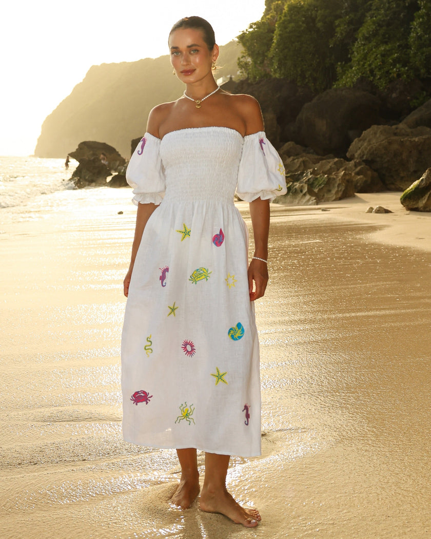 White Multi-Color Sea Life Embroidered Linen Off-Shoulder Midi Dress