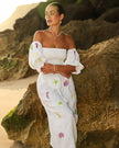 White Multi-Color Sea Life Embroidered Linen Off-Shoulder Midi Dress