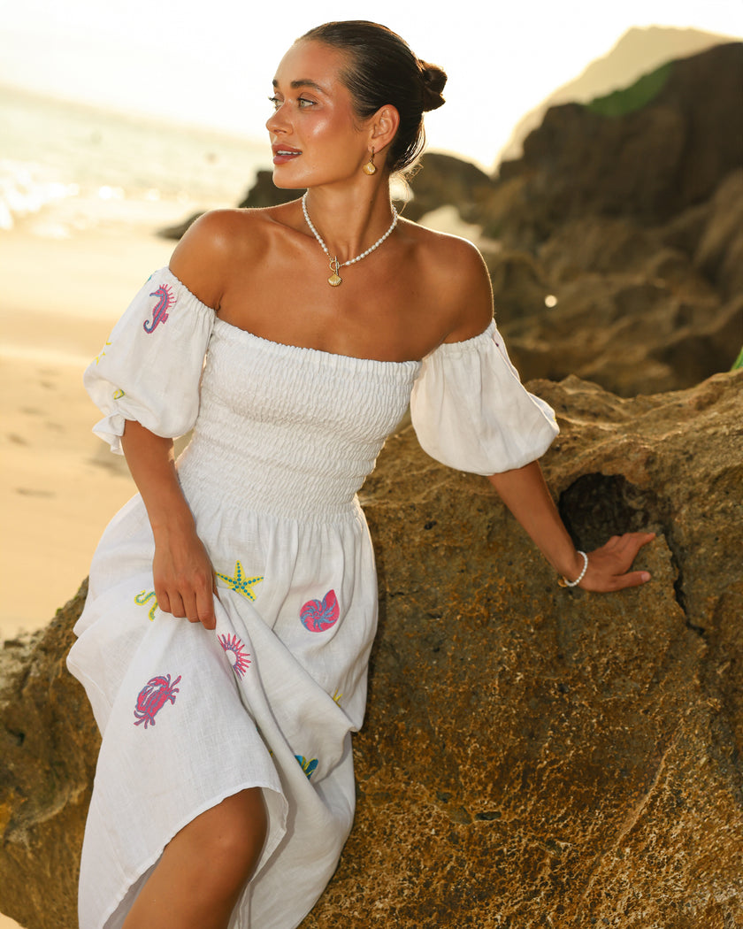 White Multi-Color Sea Life Embroidered Linen Off-Shoulder Midi Dress