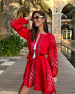 Scarlet Red Embroidered Linen Mini Dress – Balloon Sleeves