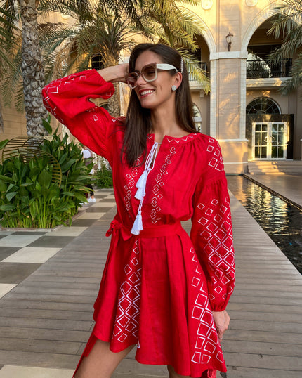 Scarlet Red Embroidered Linen Mini Dress – Balloon Sleeves