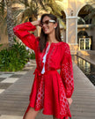 Mini-robe en lin brodé rouge écarlate – Manches ballon