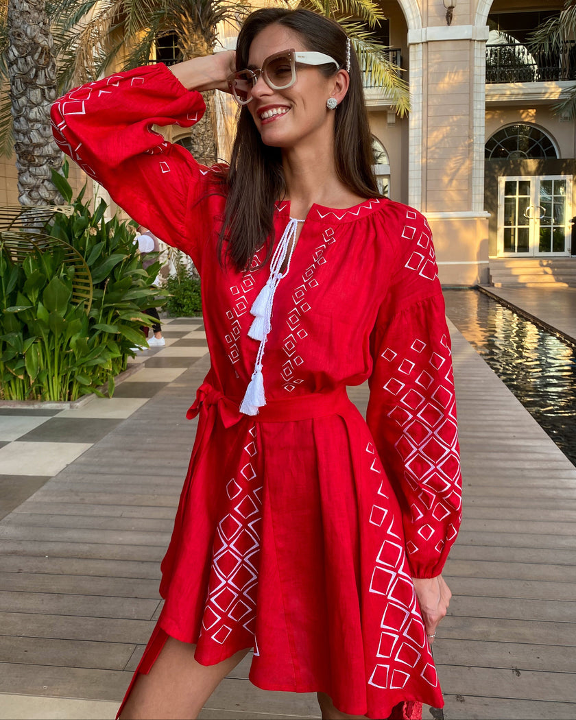 Scarlet Red White Geometric Embroidered Linen Mini Kaftan Dress