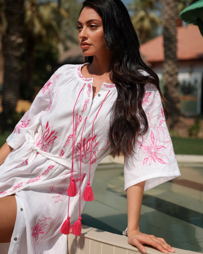 White Pink Floral Embroidered Linen Kaftan Midi Dress
