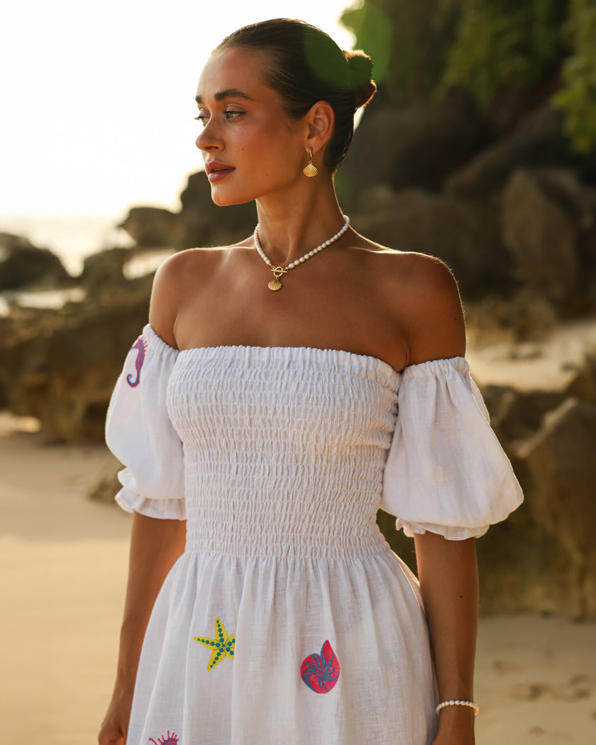 White Multi-Color Sea Life Embroidered Linen Off-Shoulder Midi Dress