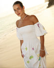 White Multi-Color Sea Life Embroidered Linen Off-Shoulder Midi Dress