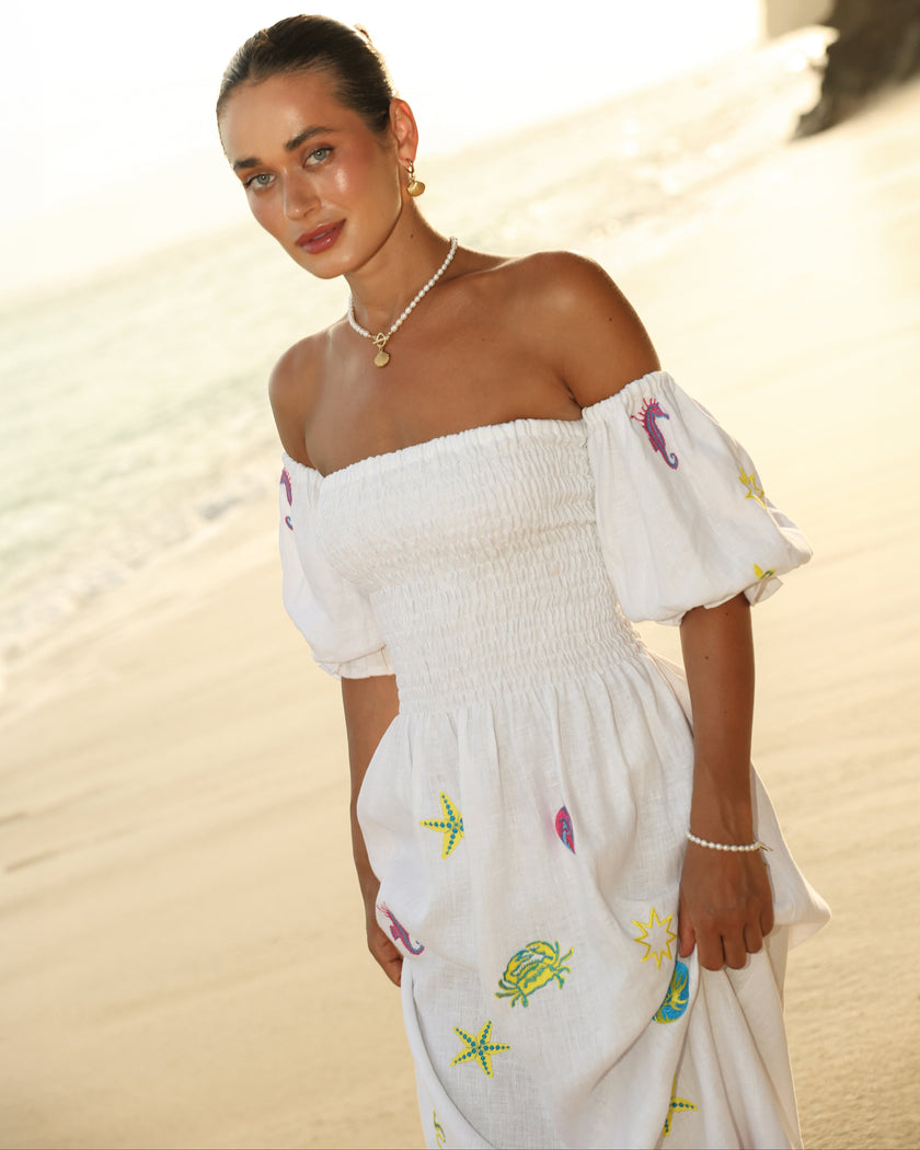 White Multi-Color Sea Life Embroidered Linen Off-Shoulder Midi Dress