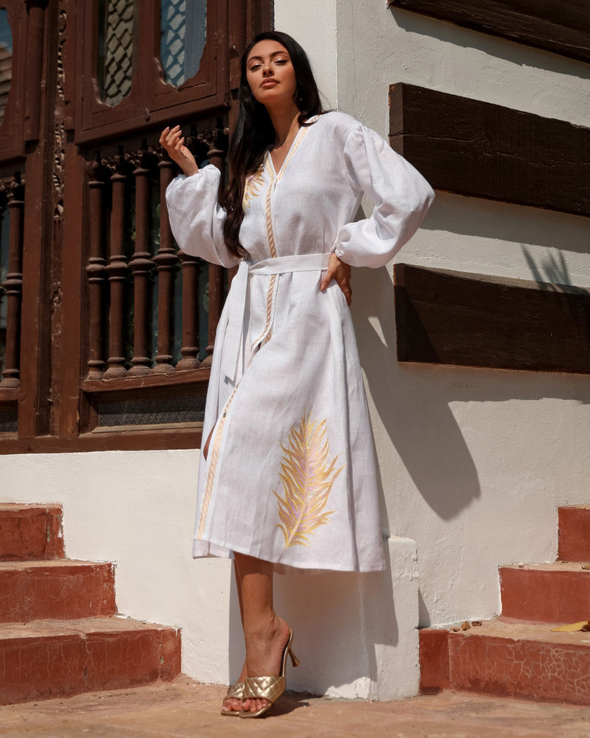 White Embroidered Linen Maxi Dress – Balloon Sleeves | ZALXNDRA