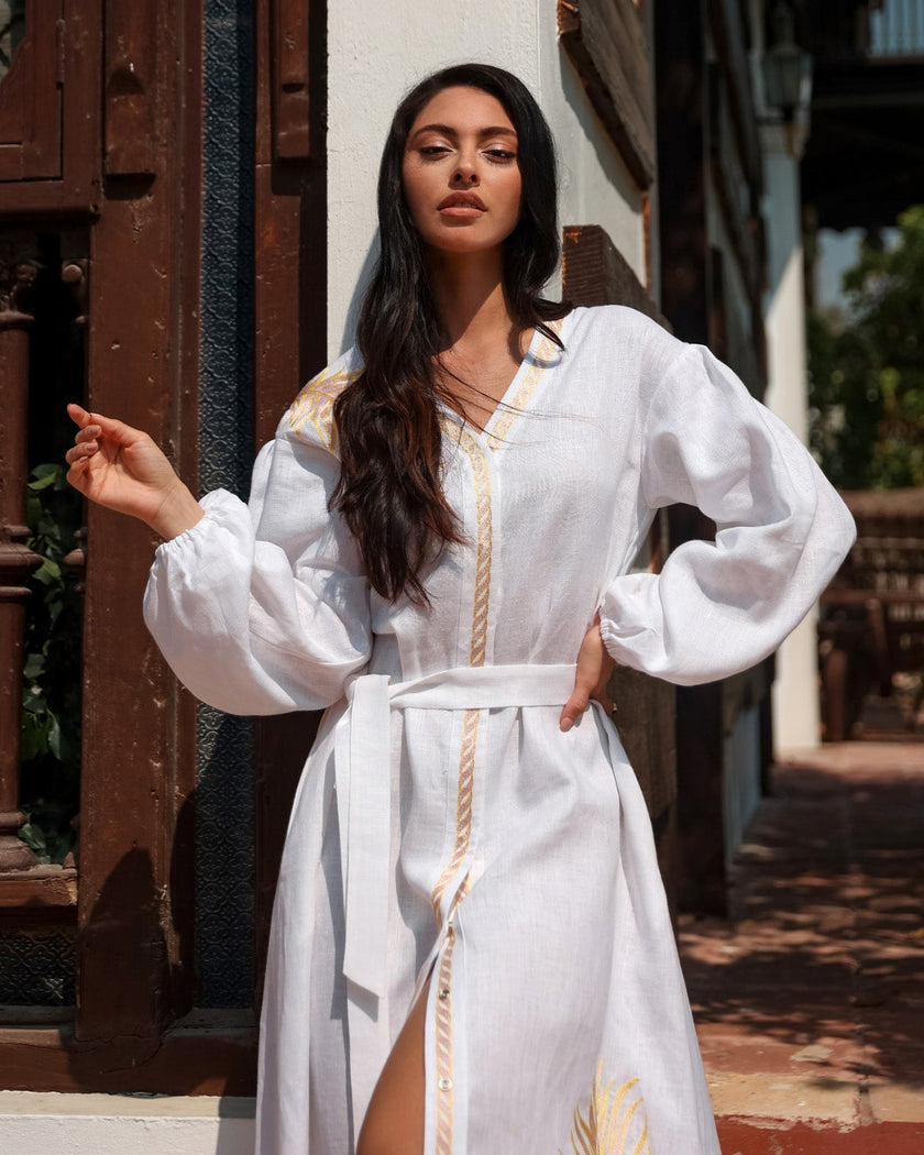 White Embroidered Linen Maxi Dress – Balloon Sleeves | ZALXNDRA