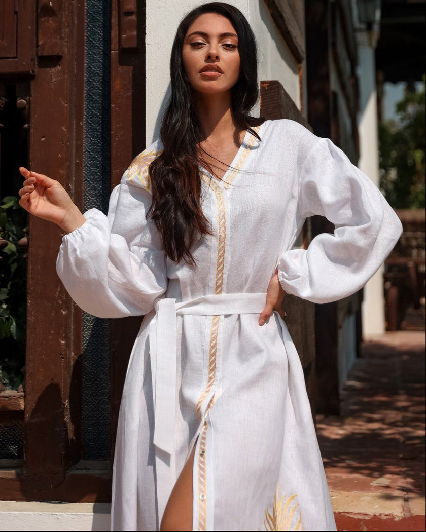White Gold Embroidered Linen Kaftan Maxi Dress